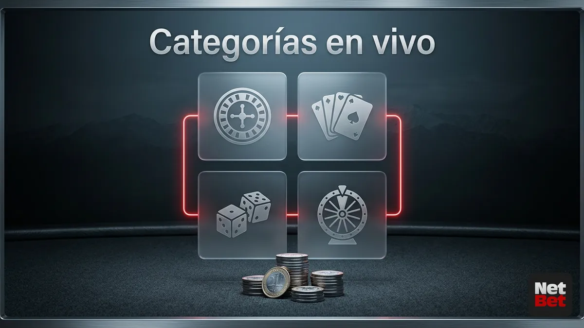 Comparación de categorías de casino en vivo de NetBet Chile en tarjetas de vidrio esmerilado