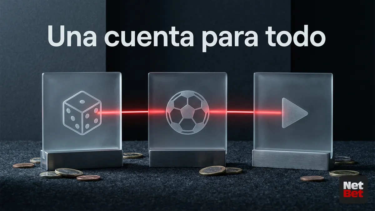 Tres fichas de vidrio que representan casino, deportes y en vivo unidas por una sola cuenta NetBet