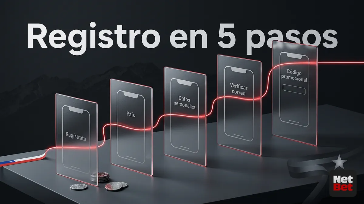 Secuencia de cinco pantallas que muestran el proceso de registro paso a paso en NetBet Chile